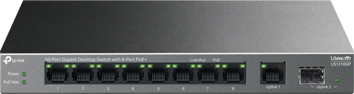 Комутатор/Суич TP-Link LS1210GP с 8-PoE+ порта, 10-портов гигабитен настолен комутаторна ниска цена с бърза доставка - BestPC.BG
