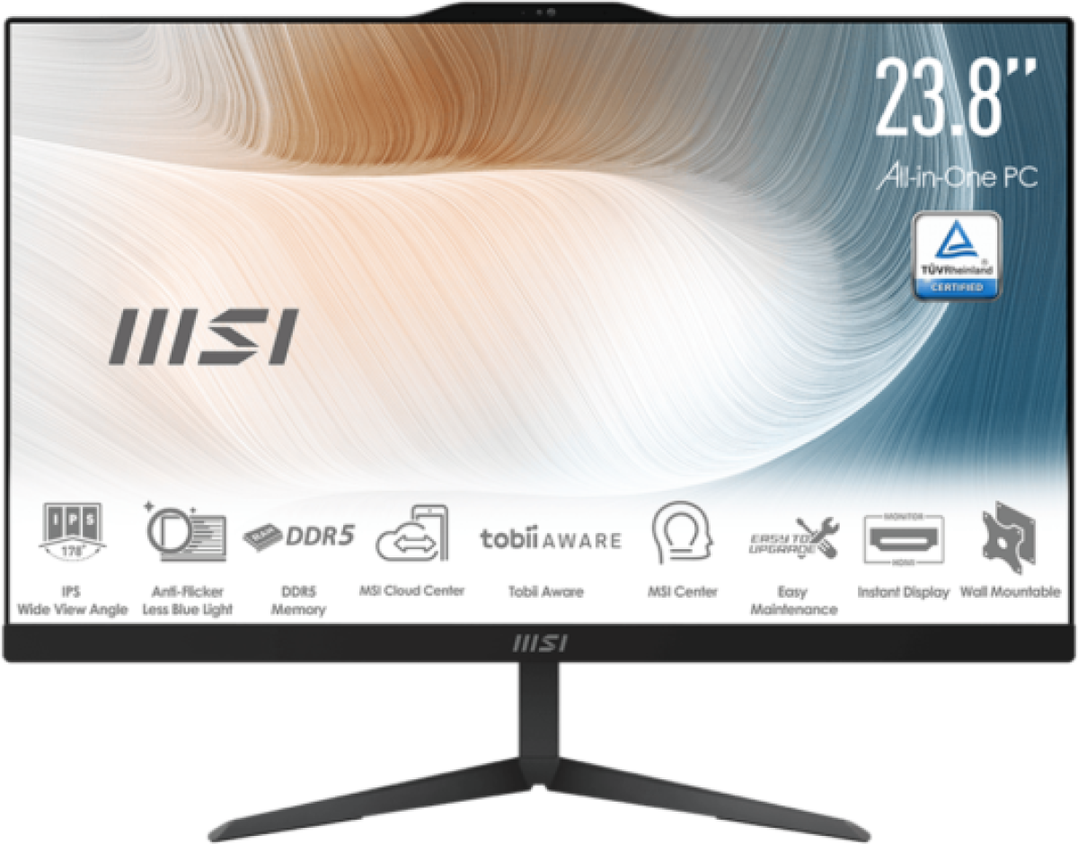 Компютър All-In-One MSI MODERN AM242 1M - 23.8", плосък IPS панел, 1920 x 1080 FHD, До 64 GB SO-DIMM DDR5, 5200 MHz, 2 слота, Черенна ниска цена с бърза доставка - BestPC.BG