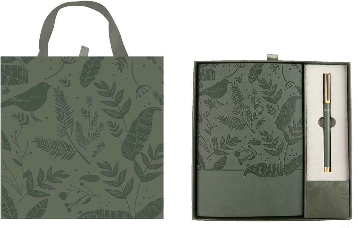 Floral Olive Green Комплект тефтер и химикалка, в кутия, зеленина ниска цена с бърза доставка - BestPC.BG