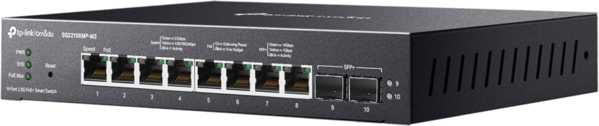 Комутатор/Суич TP-Link Omada SG2210XMP-M2 с 8-портов PoE+(8-порт. 2.5 GBASE-T и 2-порт. 10GE SFP+на ниска цена с бърза доставка - BestPC.BG