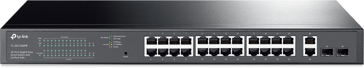 Комутатор/Суич ТP-LINK SG1428PE, 28x 10/100/1000Mbps PoE+, 2х SFP, 250W, 56 Gbps, 19" 1U, 802.3at/afна ниска цена с бърза доставка - BestPC.BG