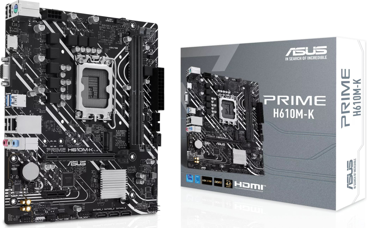 Дънна платка ASUS PRIME H610M-K, LGA1700, 2х DDR5, 5600 MHz, До 96 GB, 1000 Mb/s, HDMI, VGA, Micro ATXна ниска цена с бърза доставка - BestPC.BG