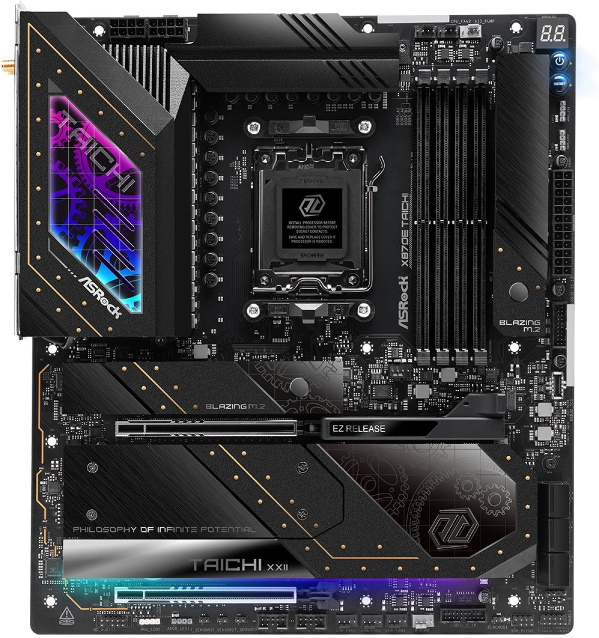 Дънна платка ASRock X870E TAICHI, AM5, Ryzen 7,8,9, 4x DDR5, 8200 MHz, 5000 Mb/s, 802.11be, BT 5.4, HDMIна ниска цена с бърза доставка - BestPC.BG