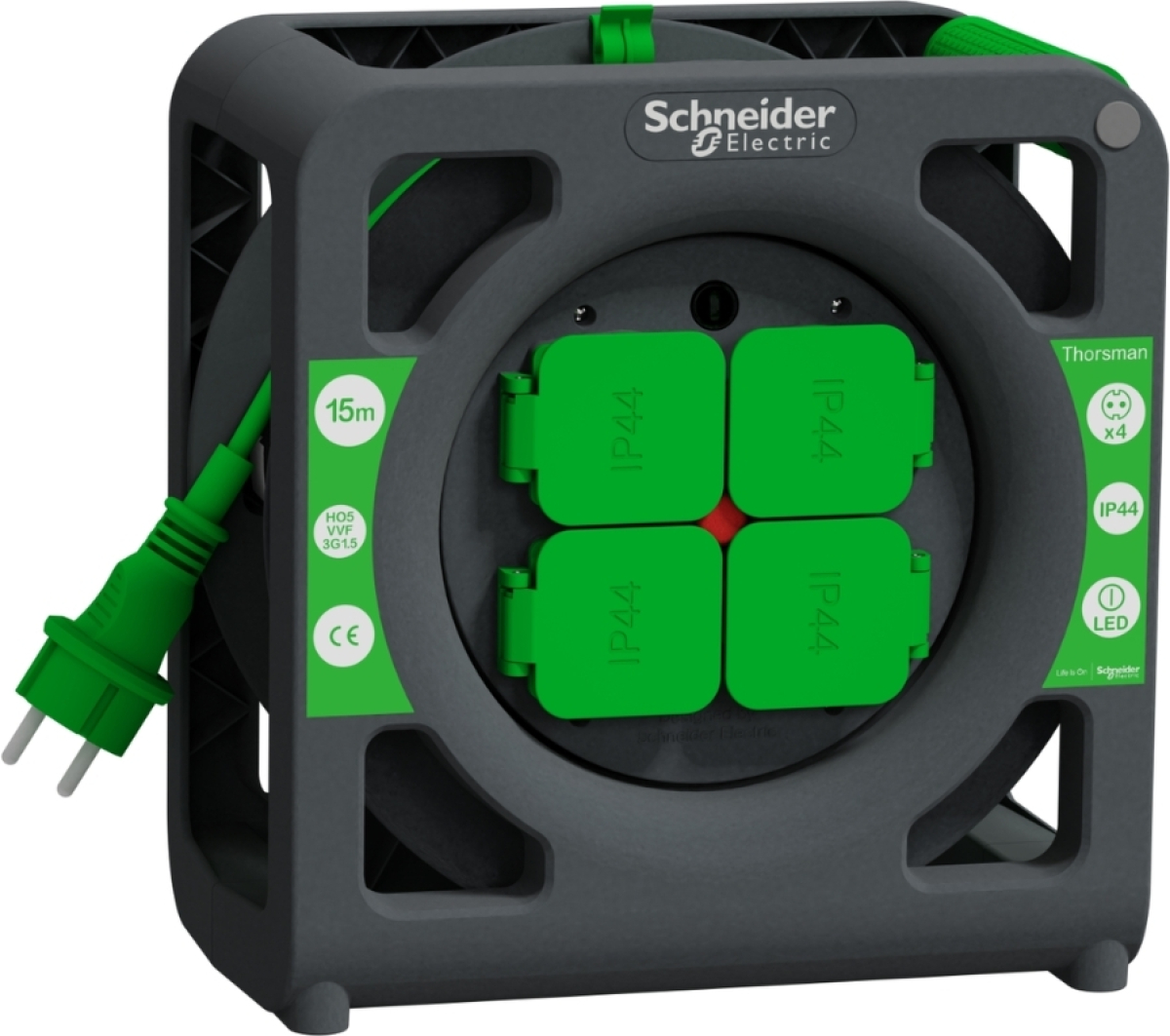 Контакт Кабелна макара 4x 2P+E Шуко 15m 3G1.5 с термозащита IP44 - SCHNEIDER ELECTRIC Thorsman IMT33136на ниска цена с бърза доставка - BestPC.BG