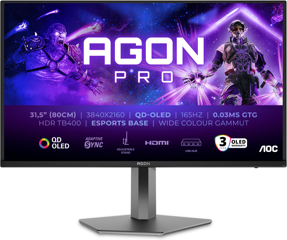 Геймърски монитор AOC AGON PRO AG326UD, 31.5" QD-OLED (3840 x 2160), 165Hz, Flicker-free, Adaptive Syncна ниска цена с бърза доставка - BestPC.BG