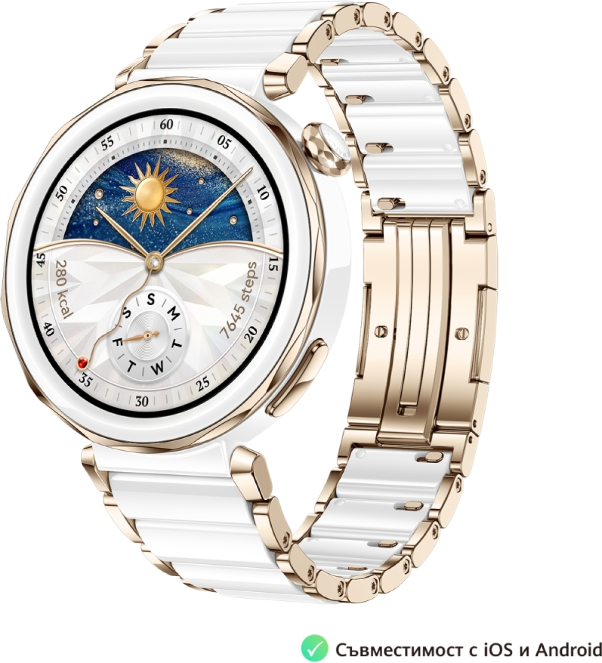 Смарт часовник Huawei Watch GT5 Pro Jana-B29C, 1.32" Amoled 466x466, PPI 352, BT5.2, BLE-BR-EDR, 323mAh, Бял/Златенна ниска цена с бърза доставка - BestPC.BG