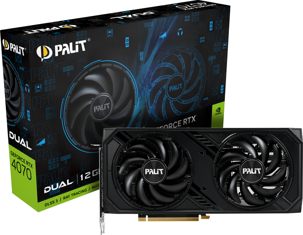 Видеокарта Palit GeForce RTX 4070 Dual 12 GB GDDR6, 3 x DisplayPort, 1x HDMI, 192 bitна ниска цена с бърза доставка - BestPC.BG