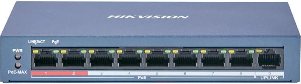 Комутатор/Суич HIKVISION DS-3E0109P-E-M(B), 9 порта 10/100, 8x PoE + 1 uplink, 60W, 300 m, Unmanaged, синна ниска цена с бърза доставка - BestPC.BG