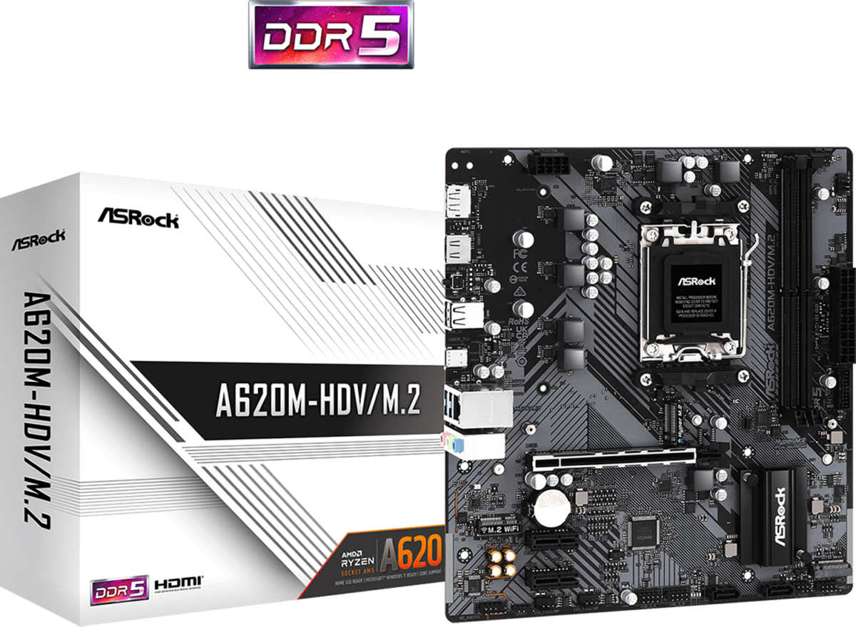 Дънна платка ASRock A620M-HDV/M.2+, AM5, Ryzen7/8/9000 series, 2x DDR5, HDMI, USB Type-C, 1000 Mb/sна ниска цена с бърза доставка - BestPC.BG