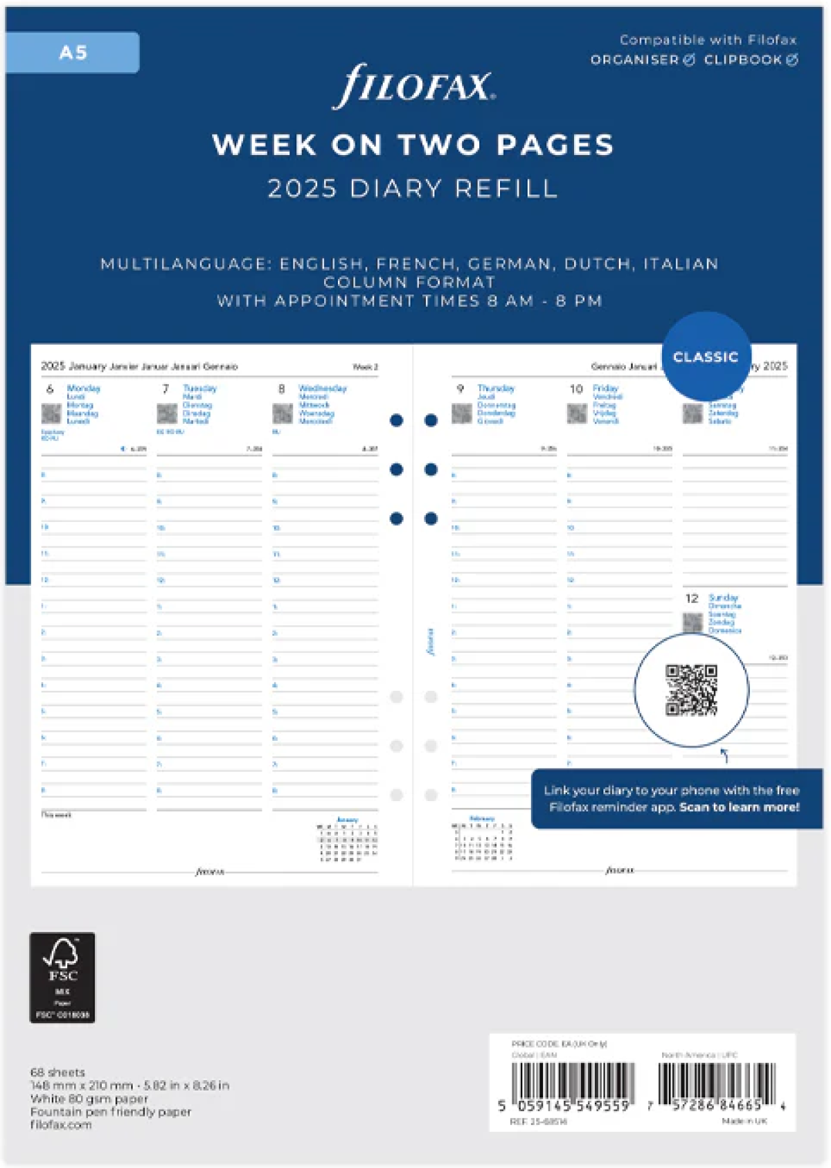 Filofax Пълнител за органайзер Classic, А5, за 2025 година, 1 седмица на 2 страницина ниска цена с бърза доставка - BestPC.BG