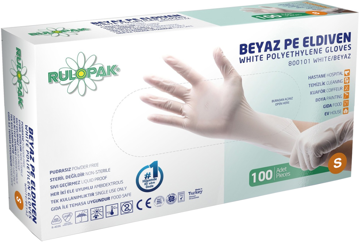 Продукт Rulopak Ръкавици, полиетиленови, S, без пудра, 100 брояна ниска цена с бърза доставка - BestPC.BG
