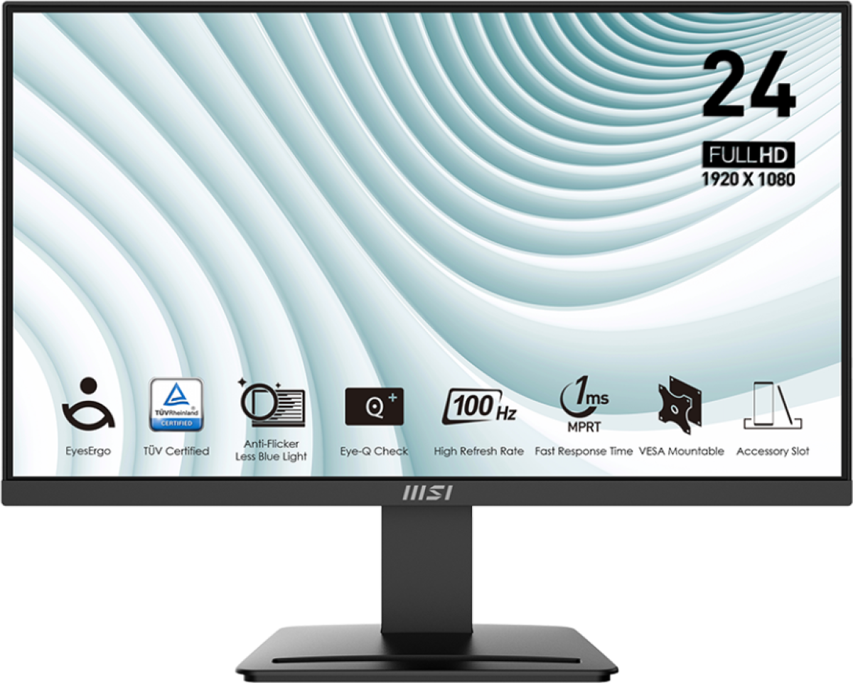 Монитор MSI PRO MP2412, 23.8" Full HD, VA, 100 Hz, 300 cd/m2, 1ms, 1x HDMI, 1x DisplayPort, Черенна ниска цена с бърза доставка - BestPC.BG