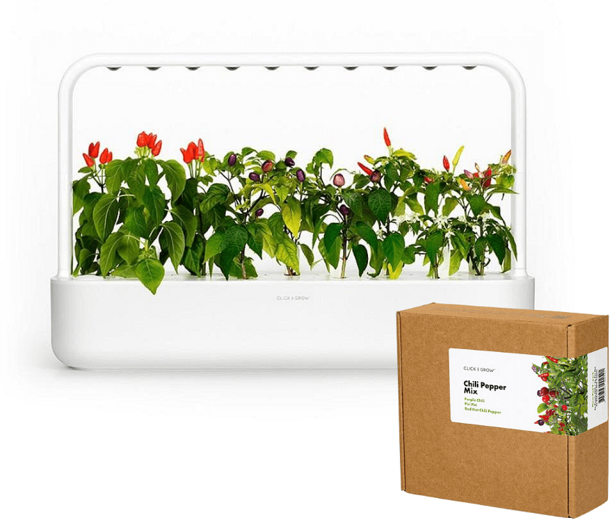 Click and Grow смарт саксия Smart Garden 9, Бяла + семена 9 броя Чили чушки миксна ниска цена с бърза доставка - BestPC.BG