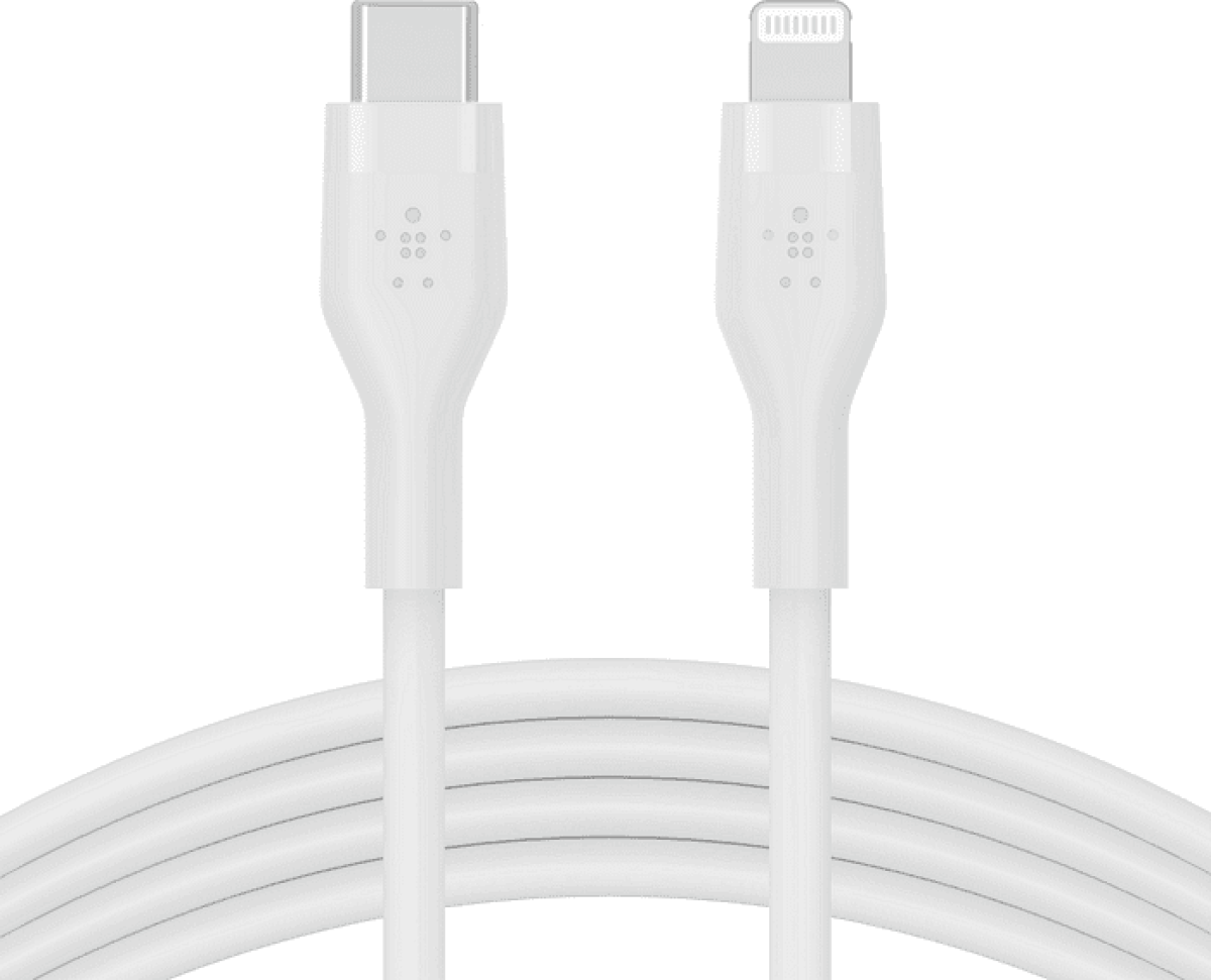 Силиконов кабел Belkin BOOST CHARGE™ USB-C към Lightning 1M, Бялна ниска цена с бърза доставка - BestPC.BG