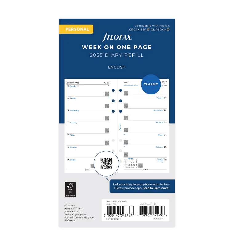Filofax Пълнител за органайзер Classic, Personal, за 2025 година, 1 седмица на страницана ниска цена с бърза доставка - BestPC.BG