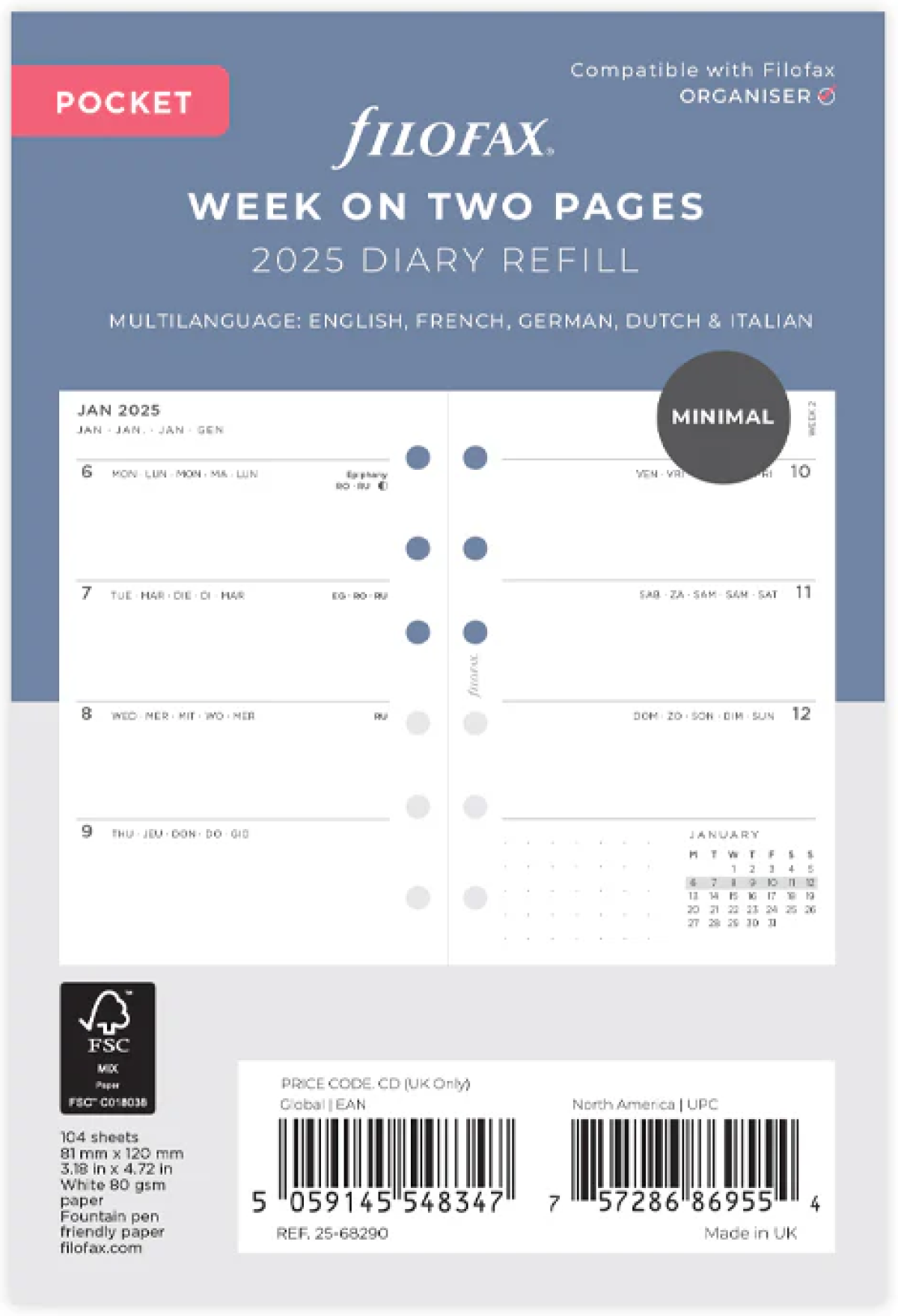 Filofax Пълнител за органайзер, Pocket, за 2025 година, 1 седмица на 2 страницина ниска цена с бърза доставка - BestPC.BG
