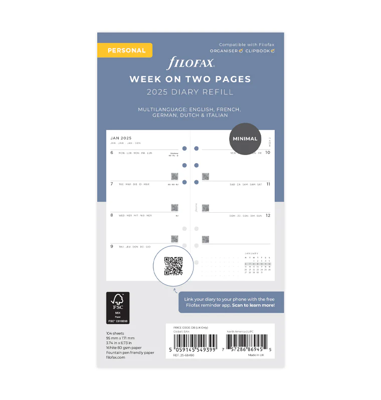 Filofax Пълнител за органайзер, Personal, за 2025 година, 1 седмица на 2 страницина ниска цена с бърза доставка - BestPC.BG