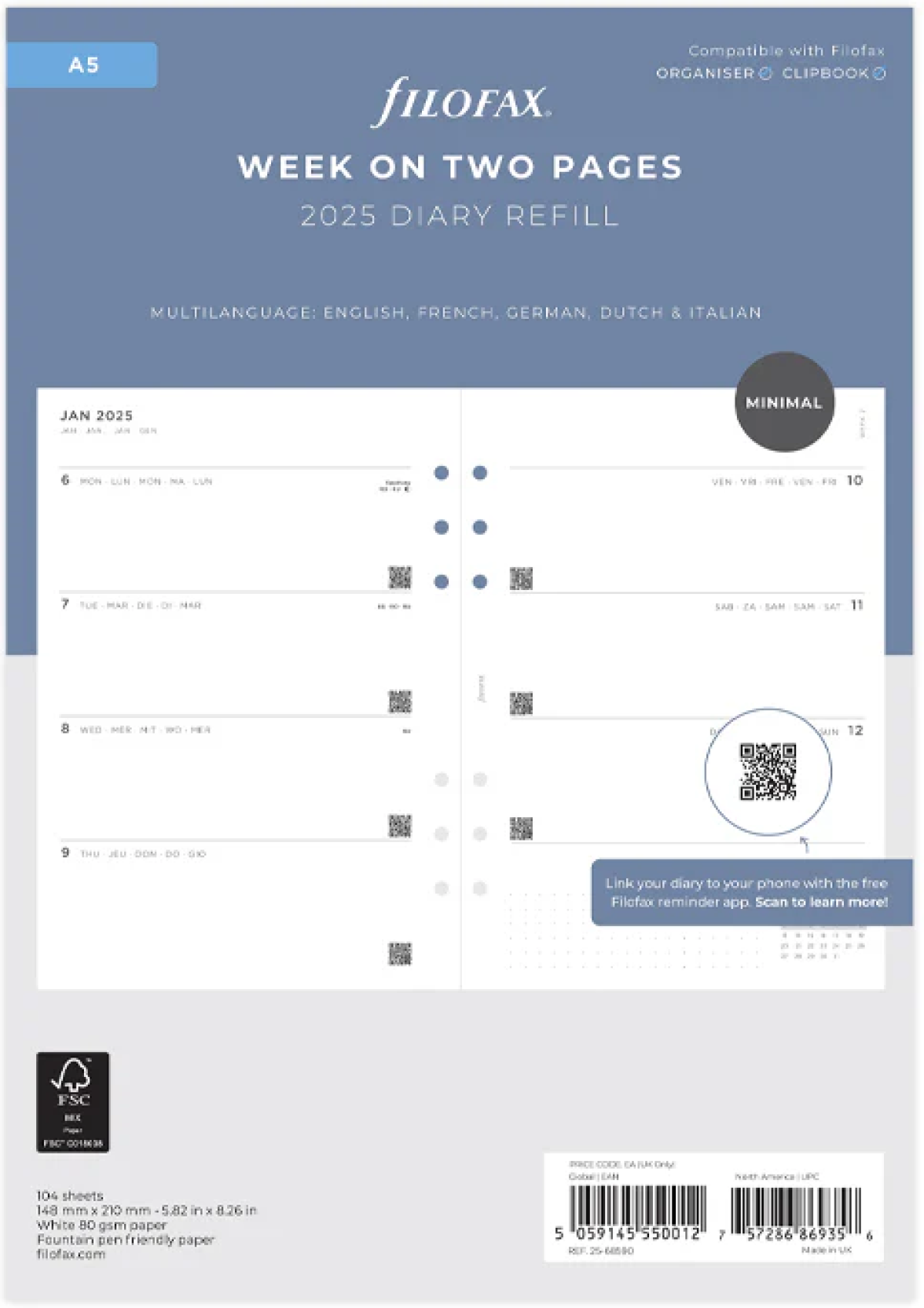 Filofax Пълнител за органайзер, A5, за 2025 година, 1 седмица на 2 страницина ниска цена с бърза доставка - BestPC.BG