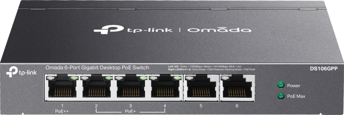 Комутатор/Суич TP-Link Omada DS106GPP с 3-портов PoE+ и 1-портов PoE++, 6-портов гигабитовна ниска цена с бърза доставка - BestPC.BG