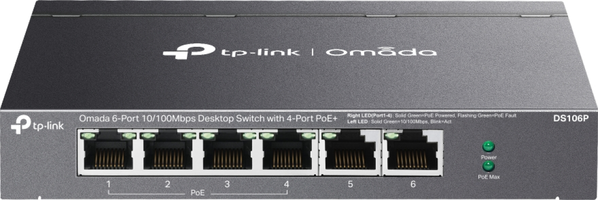 Комутатор/Суич TP-Link Omada DS106P с 4-портов PoE+, 6-портов 10-100Mbps неуправляемна ниска цена с бърза доставка - BestPC.BG