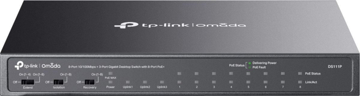 Комутатор/Суич TP-Link Omada DS111P 8-порта 10-100Mbps + 3-порта Gigabit с 8-порта PoE+, неуправляемна ниска цена с бърза доставка - BestPC.BG