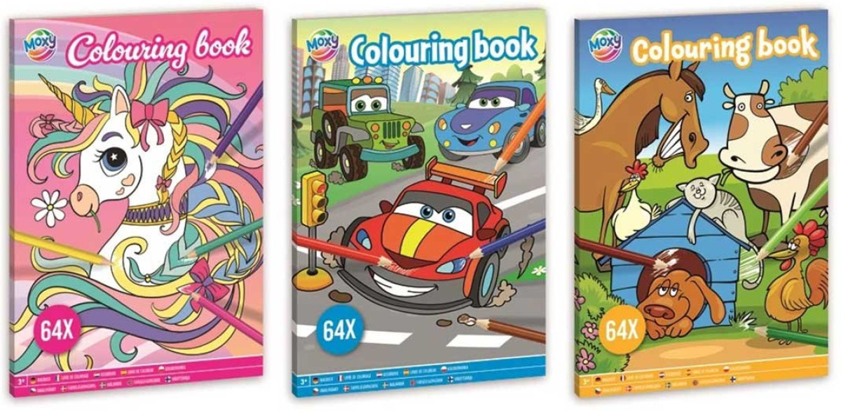 Moxy Книжка за оцветяване, А4, 64 страници, асорти - еднорог, животни и коли, 48 брояна ниска цена с бърза доставка - BestPC.BG