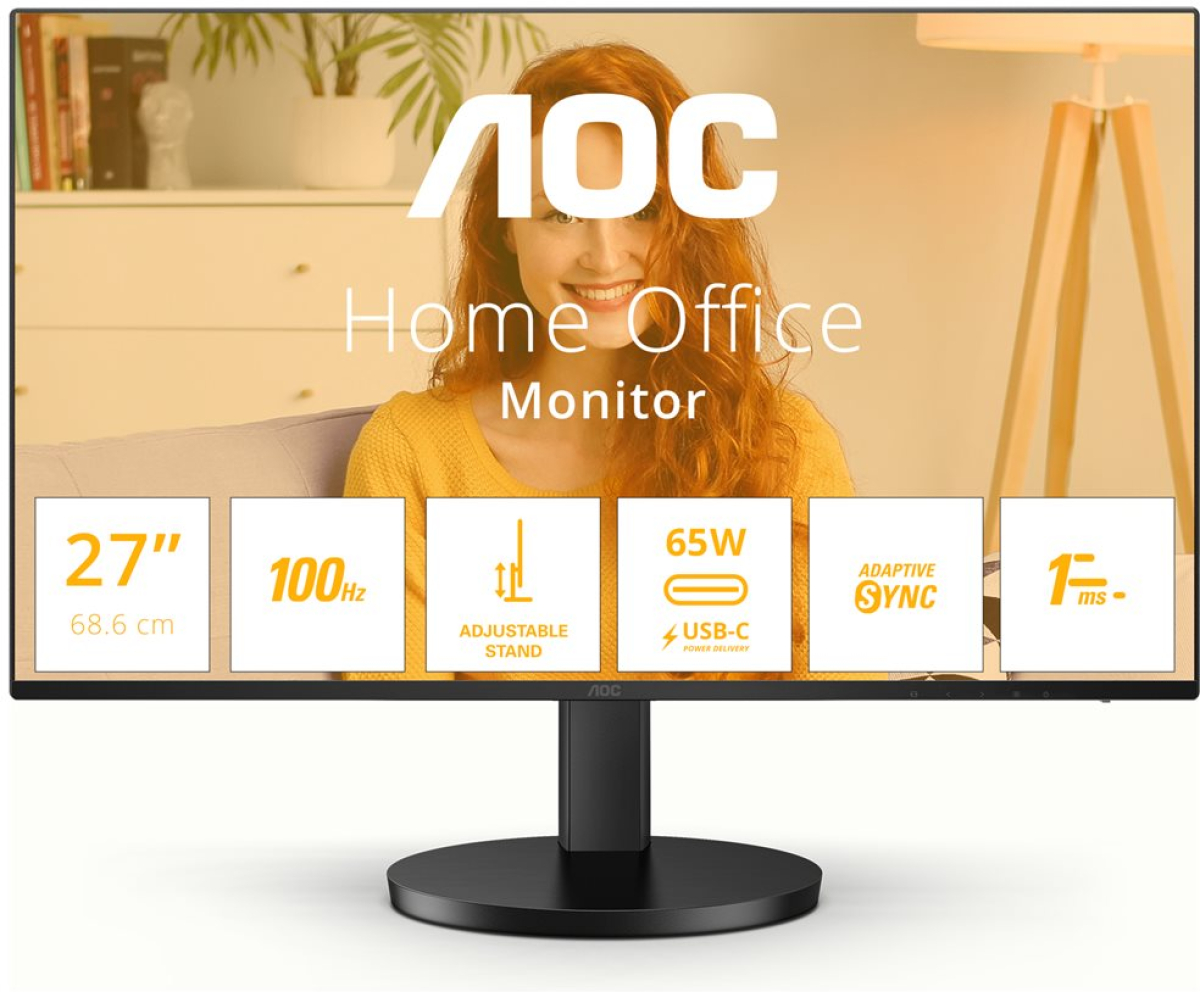Монитор AOC Q27B3CF2, 27inch, 2560x1440, 100Hz, IPS Flat, 65W, USB, HUB, Черенна ниска цена с бърза доставка - BestPC.BG