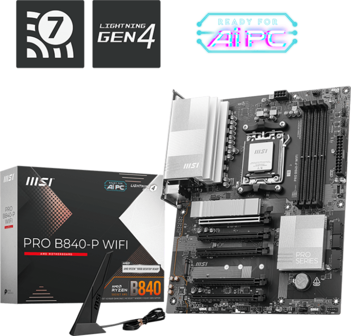 Дънна платка MSI PRO B840-P WIFI, AM5, ATX, 4x DDR5, 5600 MHz, 2500 Mb/s, WiFi 7, BT 5.4, USB Type-C, HDMIна ниска цена с бърза доставка - BestPC.BG