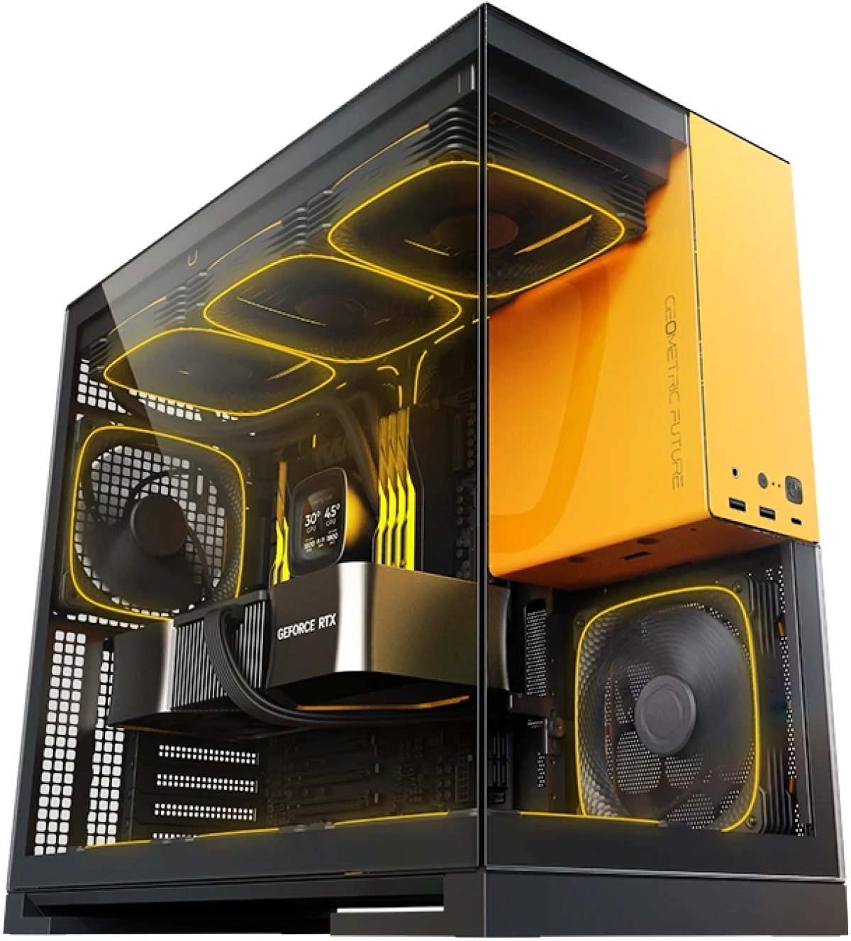 Geometric Future кутия Case EATX - Model 5 Black-Yellow - 5 x 140 mm aRGB fans includedна ниска цена с бърза доставка - BestPC.BG