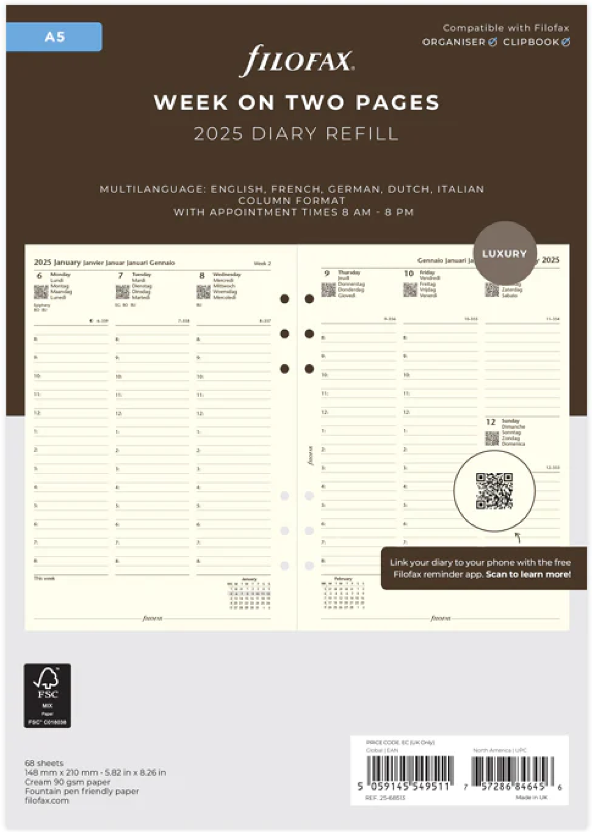 Filofax Пълнител за органайзер Recycled, A5, за 2025 година, 1 седмица на 2 страници, кремавна ниска цена с бърза доставка - BestPC.BG