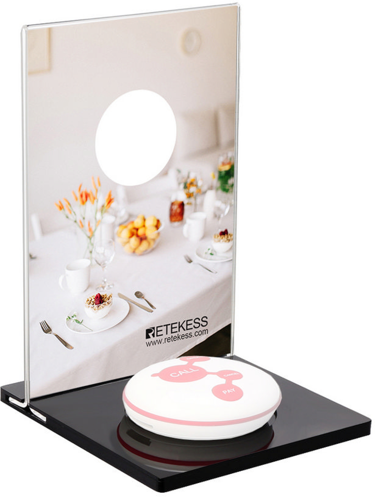 Продукт RETEKESS TD024, Menu Holder с поставка за безжичен бутон, 110 x 100 x 154 мм, водоустойчив, черенна ниска цена с бърза доставка - BestPC.BG