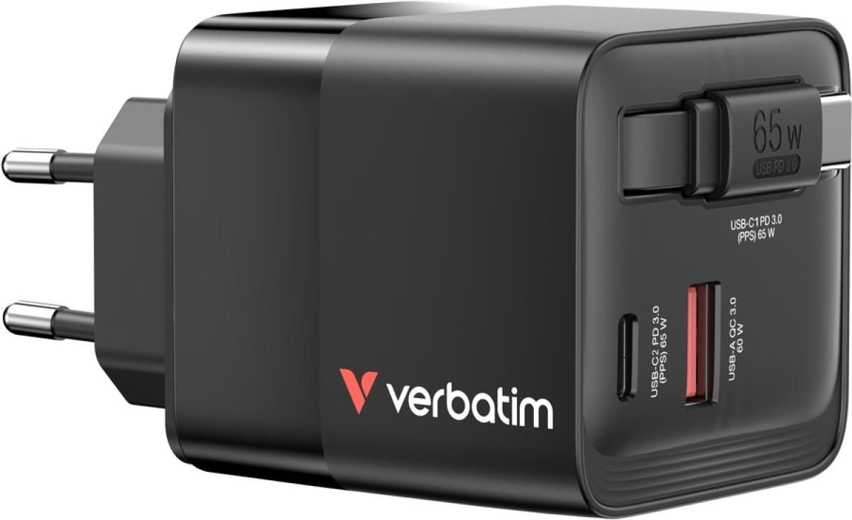 Принадлежност за смартфон Verbatim Mini GaN Charger 65W 2 Port retractable cable display US plugs with EU and UK adaptorsна ниска цена с бърза доставка - BestPC.BG
