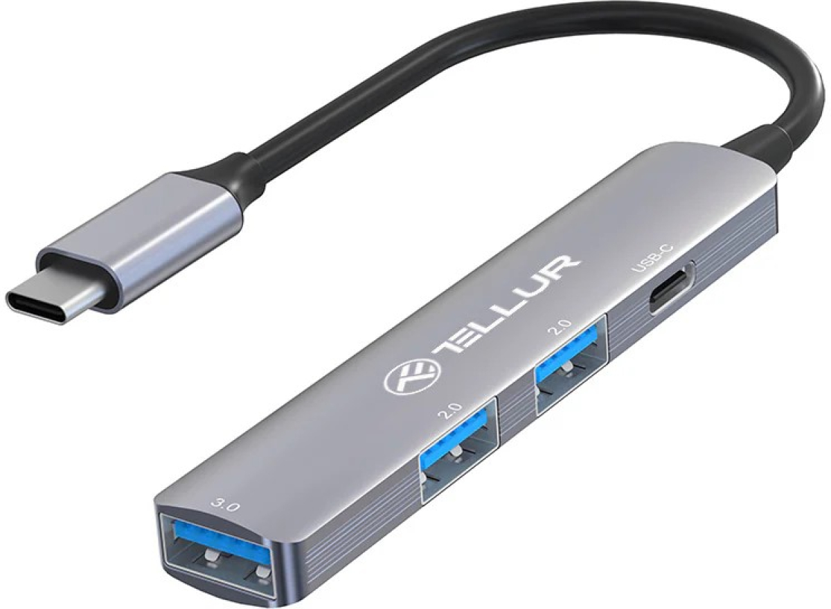 USB Хъб Tellur 4 в 1 USB-C 3.1 hub, 2xUSB 2.0 + 1xUSB-C + 1xUSB 3.0, алуминий, сивна ниска цена с бърза доставка - BestPC.BG
