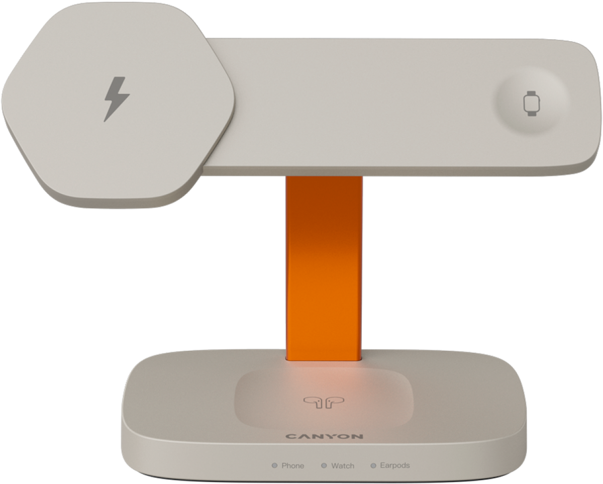 Принадлежност за смартфон CANYON Wireless Charging Station Hexagon 310 3in1 LightGrey-Orangeна ниска цена с бърза доставка - BestPC.BG