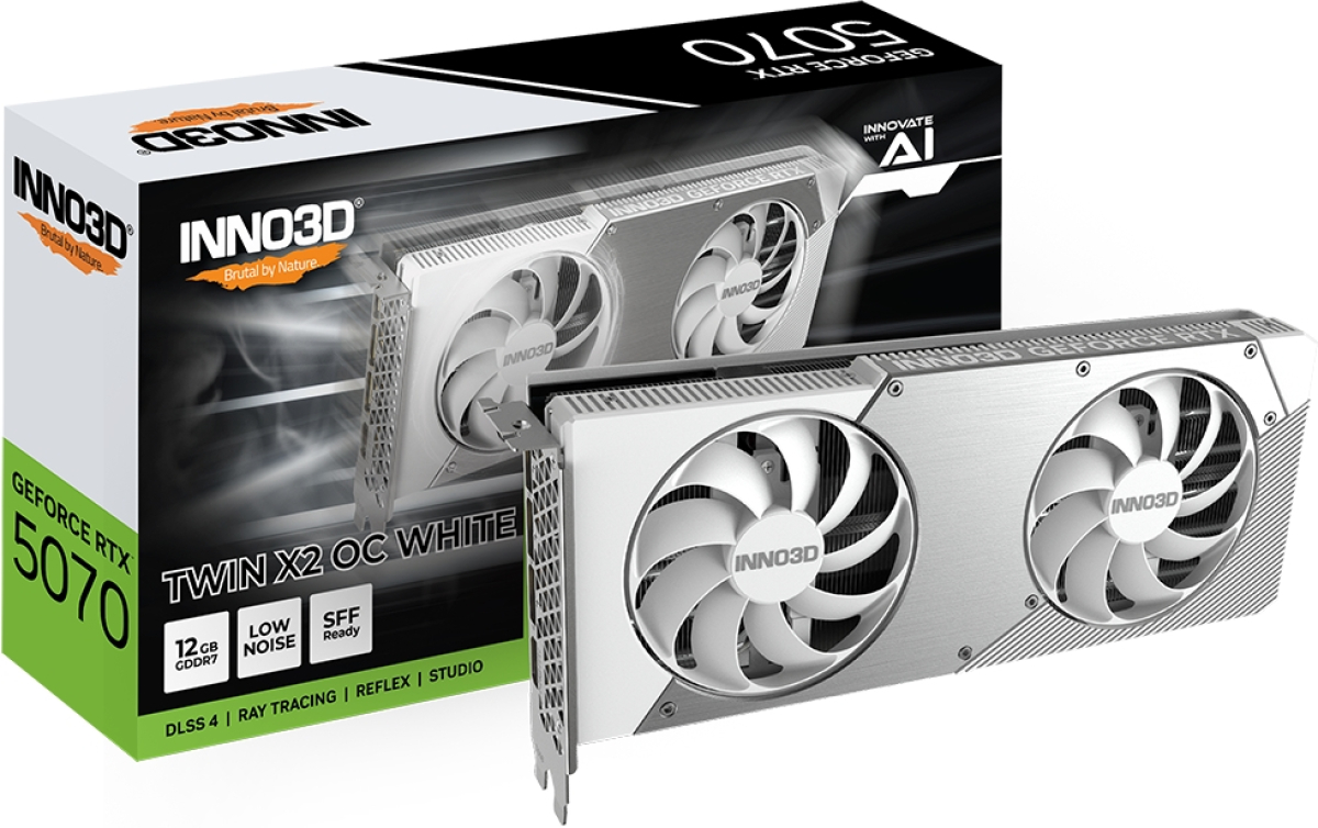Видеокарта Inno3D GeForce RTX 5070, 12GB GDDR7, Twin X2 OC, 192-bit, Бялна ниска цена с бърза доставка - BestPC.BG