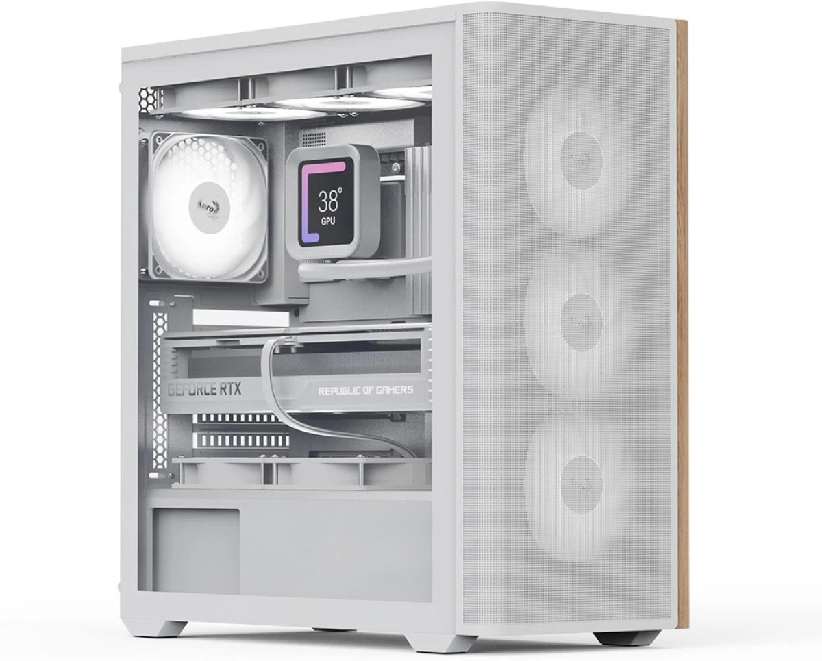 AeroCool кутия Case ATX - D501A White, Addressable RGB, Woodна ниска цена с бърза доставка - BestPC.BG