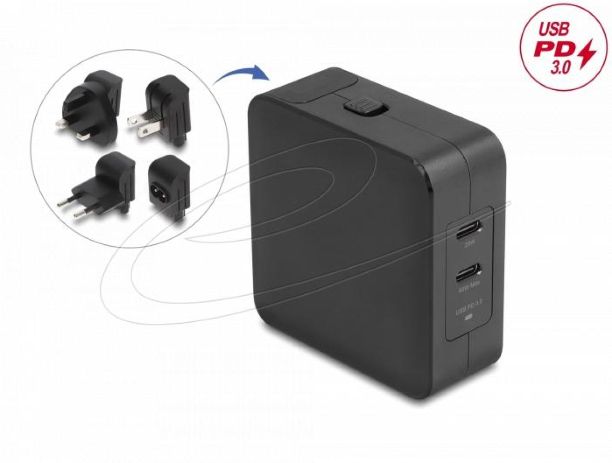 Принадлежност за смартфон Delock Зарядно устройство GaN, 2 x USB-C, PD 65 W, адаптер за EU - US - UKна ниска цена с бърза доставка - BestPC.BG