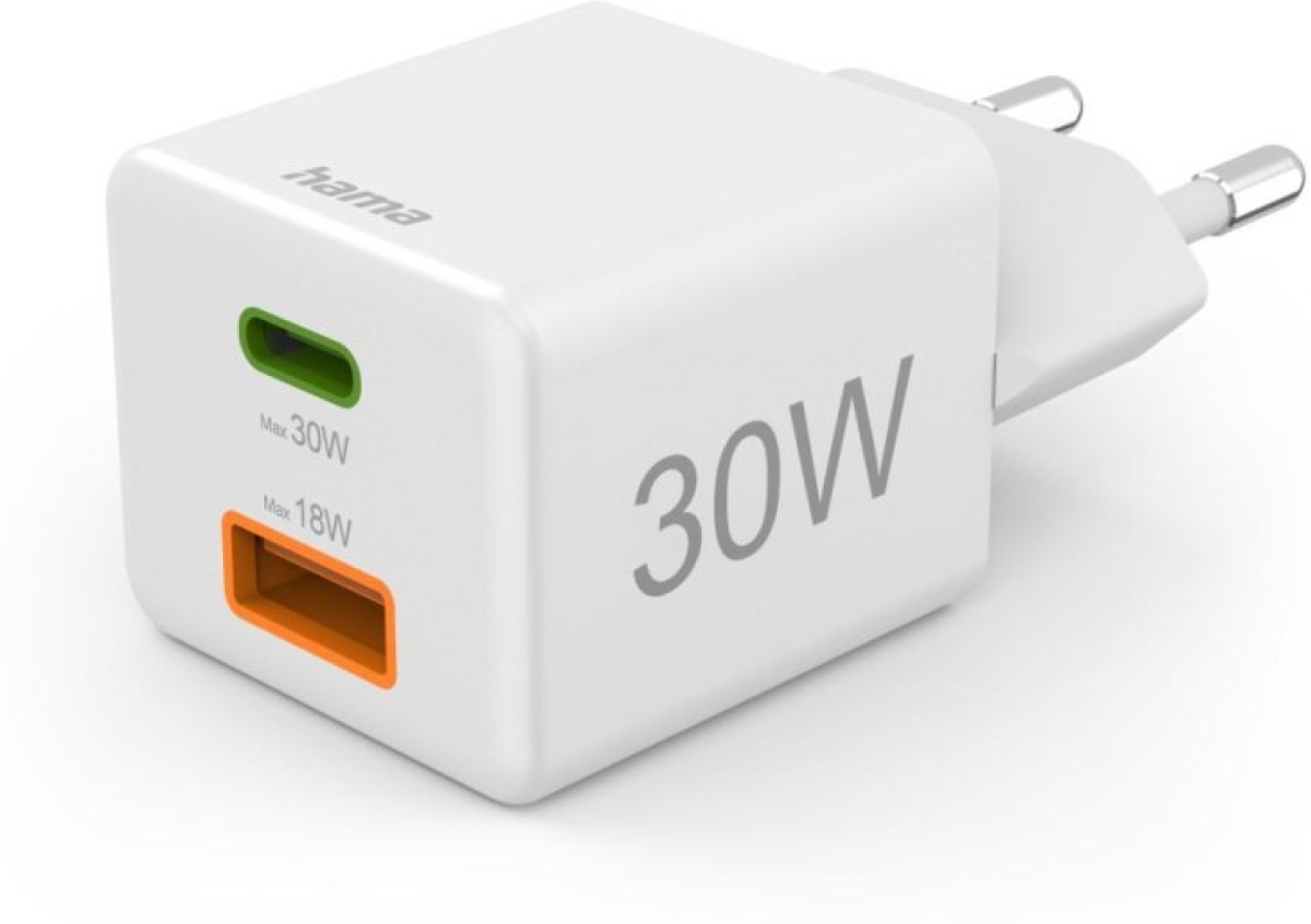 Принадлежност за смартфон HAMA Бързо мини Gan зарядно, 30 W, 1x USB-C, 1x USB-A, PD, бялна ниска цена с бърза доставка - BestPC.BG