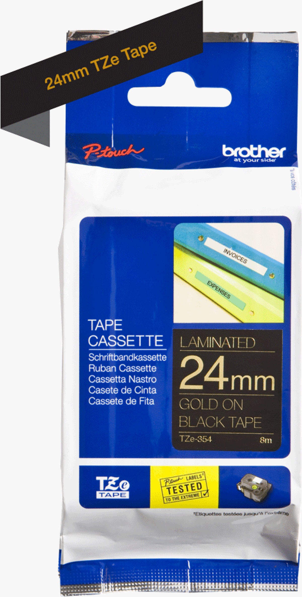 Касета за етикетен принтер ЛЕНТА ЗА ЕТИКЕТНИ ПРИНТЕРИ BROTHER ТИП TZ - 24 mm x 8 m - GOLD ON BLACK TAPE - PN TZE354 (TZE-354)на ниска цена с бърза доставка - BestPC.BG