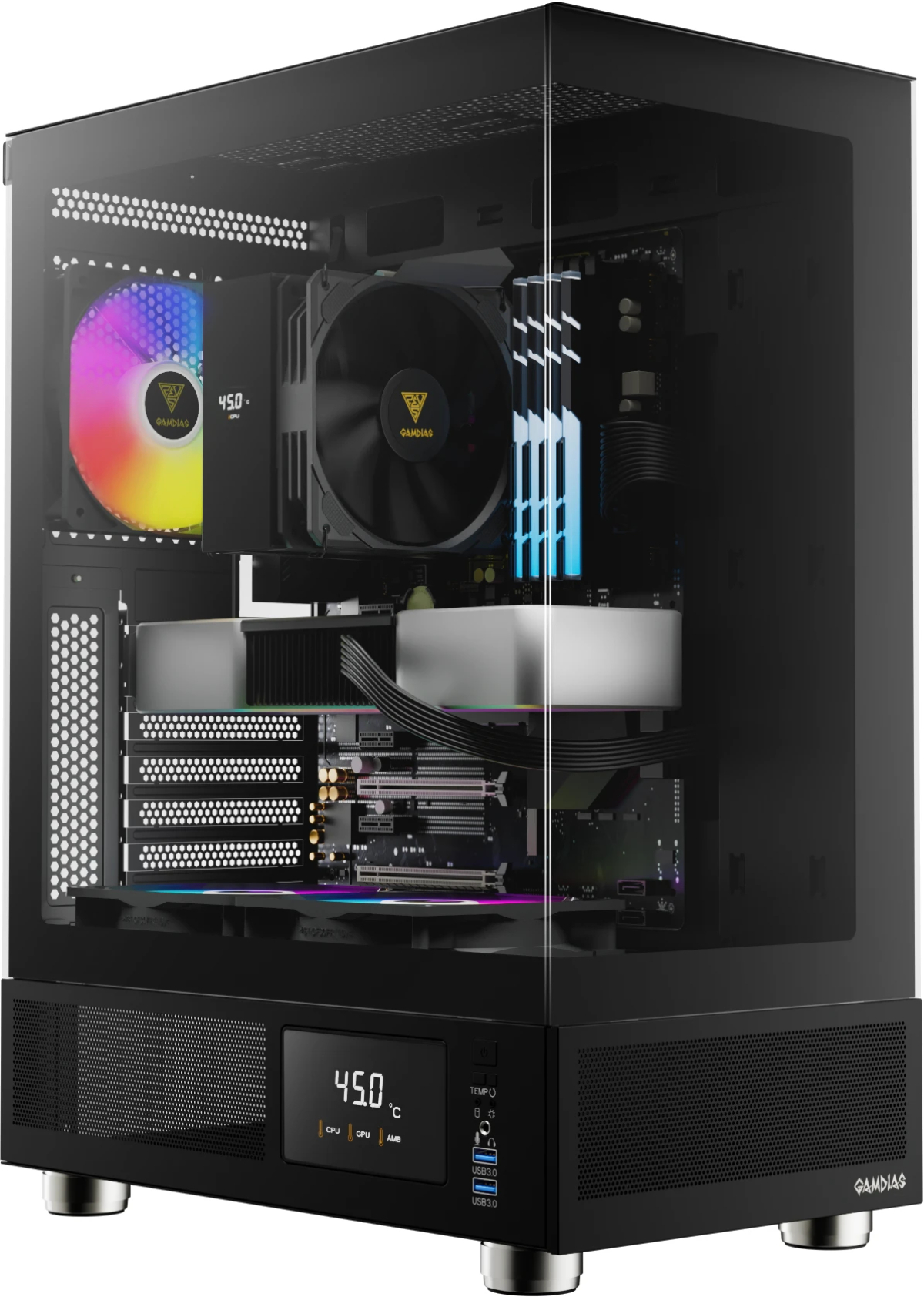 Gamdias кутия Case ATX - ATLAS E1 - 3 x 120 mm A-RGB, Digital Display, Tempered Glassна ниска цена с бърза доставка - BestPC.BG