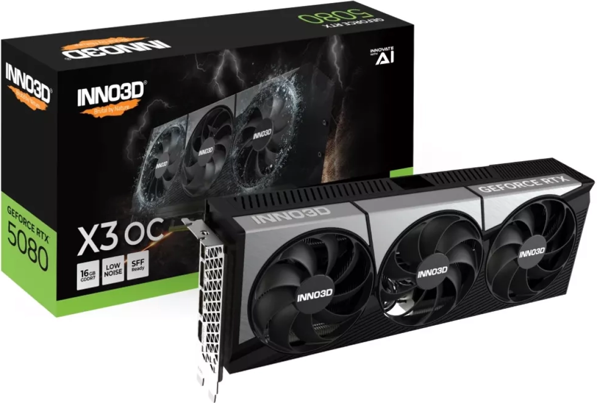 Видеокарта INNO3D NVIDIA GEFORCE RTX 5080 X3 OC 16GB GDDR7 256bit, 2460 MHz - 30Gbps, 3x DP, 1x HDMI, 3 fan, 2.5 slotна ниска цена с бърза доставка - BestPC.BG