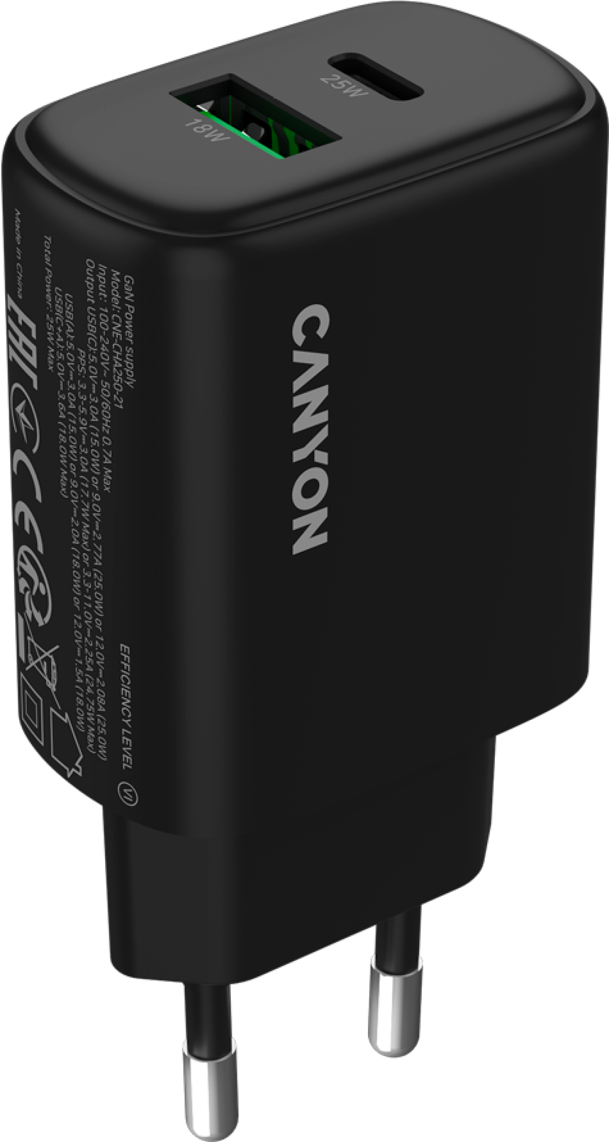 Принадлежност за смартфон CANYON charger OnCharge 250 25W 1xPD 1xQC EU Blackна ниска цена с бърза доставка - BestPC.BG