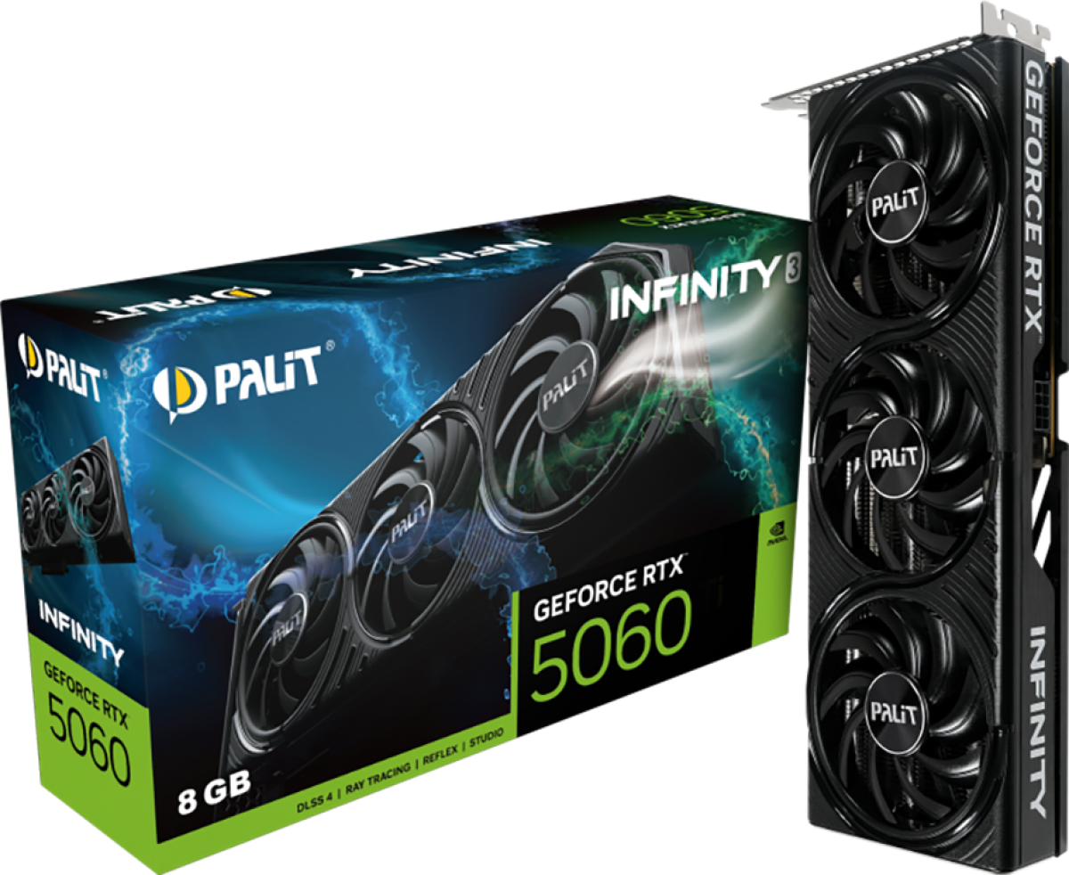 Видеокарта PALIT GeForce RTX 5060 Infinity 3 8GB GDDR7 128 bit, 1x HDMI 2.1b, 3x DP 2.1b, 2 Fan, 1x 8-pin pwr connector, 550Wна ниска цена с бърза доставка - BestPC.BG
