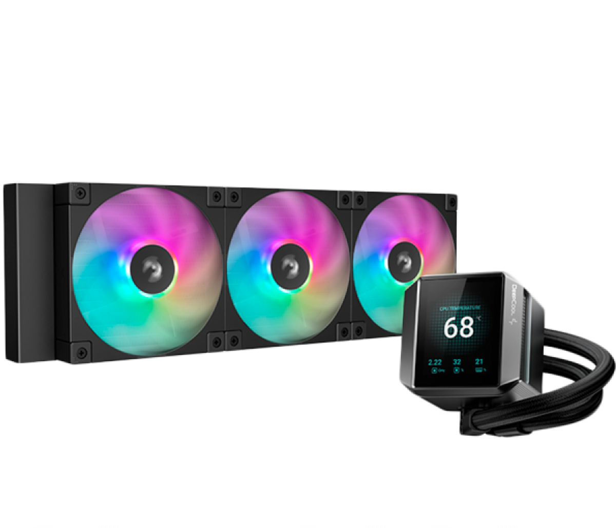 Водно охлаждане DeepCool MYSTIQUE 360 ARGB, 2.8" LCD екран, 3x120 мм ARGB PWM вентилатора, RGB LEDна ниска цена с бърза доставка - BestPC.BG