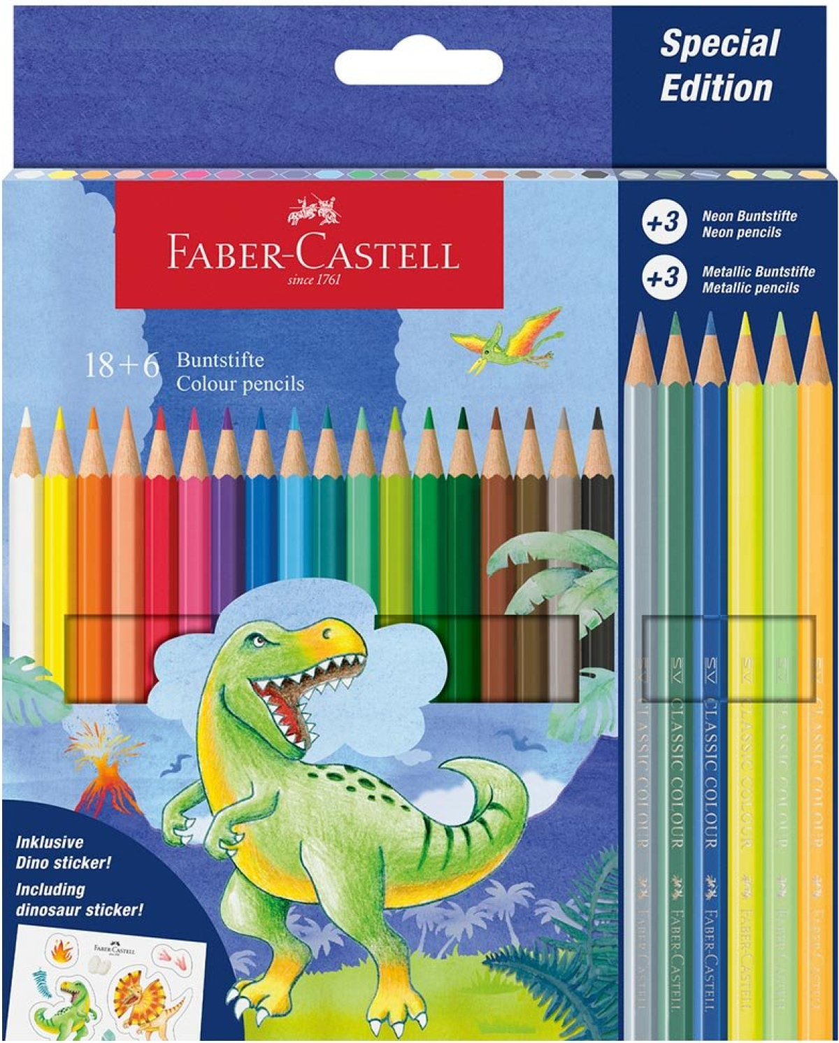 Faber-Castell Моливи Динозавър, 18 стандартни, 3 металикови и 3 неонови цвятана ниска цена с бърза доставка - BestPC.BG