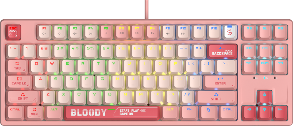 А4tech Геймърска механична клавиатура Bloody Energy Pink S87 BLMS TKL RGB Backlit red switch , USB, Розована ниска цена с бърза доставка - BestPC.BG