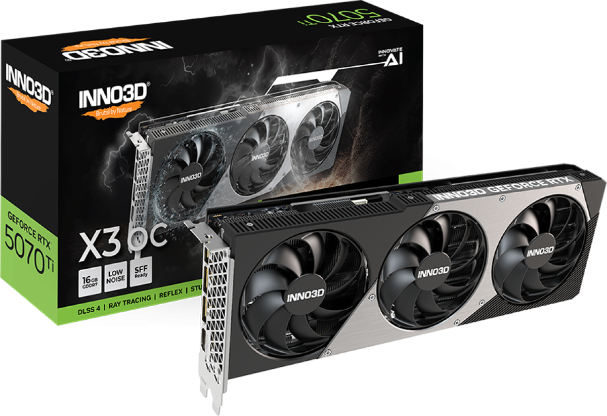 Видеокарта INNO3D NVIDIA RTX 5070 Ti X3 16GB GDDR7 256 bit, 2452MHz - 28Gbps, 3x DP, 1x HDMI, 3 fan 2 slotsна ниска цена с бърза доставка - BestPC.BG