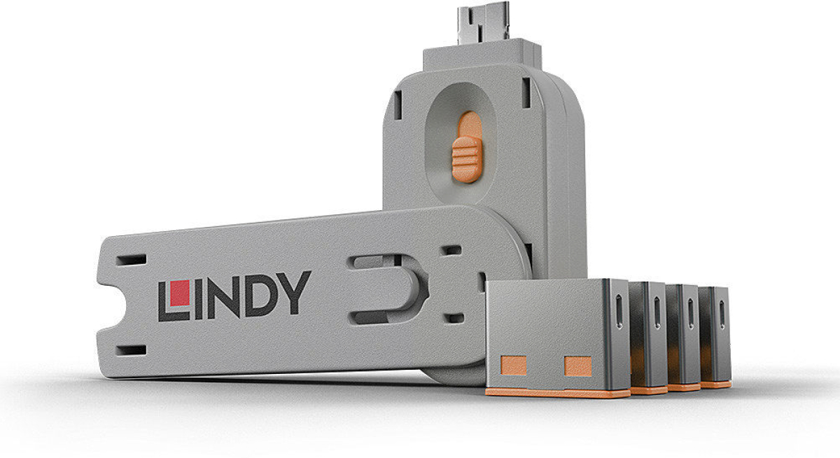 Система за заключване на USB портове Lindy, 1 ключ, 4 порт блокера, оранжевина ниска цена с бърза доставка - BestPC.BG