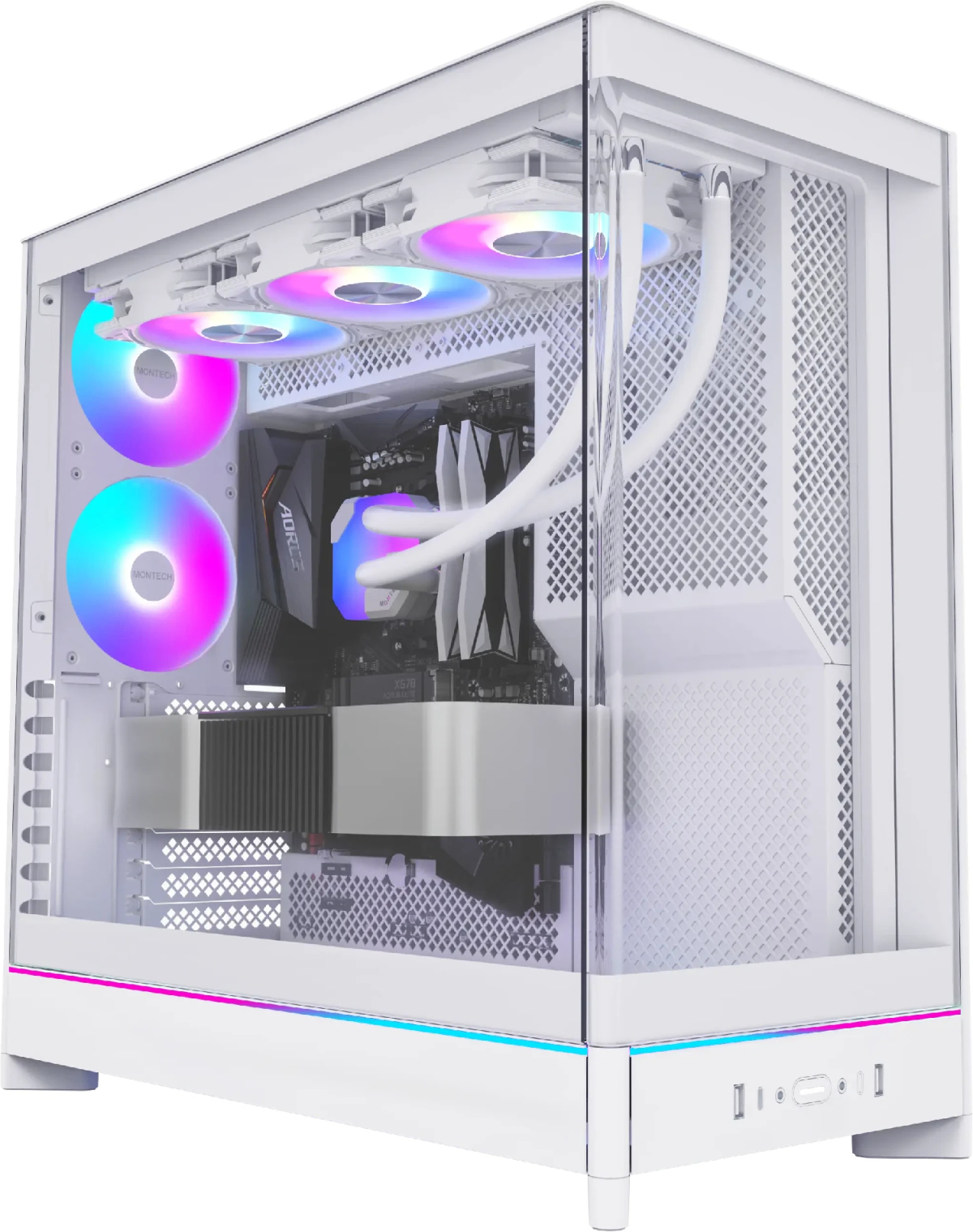 Montech кутия Case ATX - HS02 PRO (W) - 5 x 120 mm ARGB Fans, USB-C, Blackна ниска цена с бърза доставка - BestPC.BG