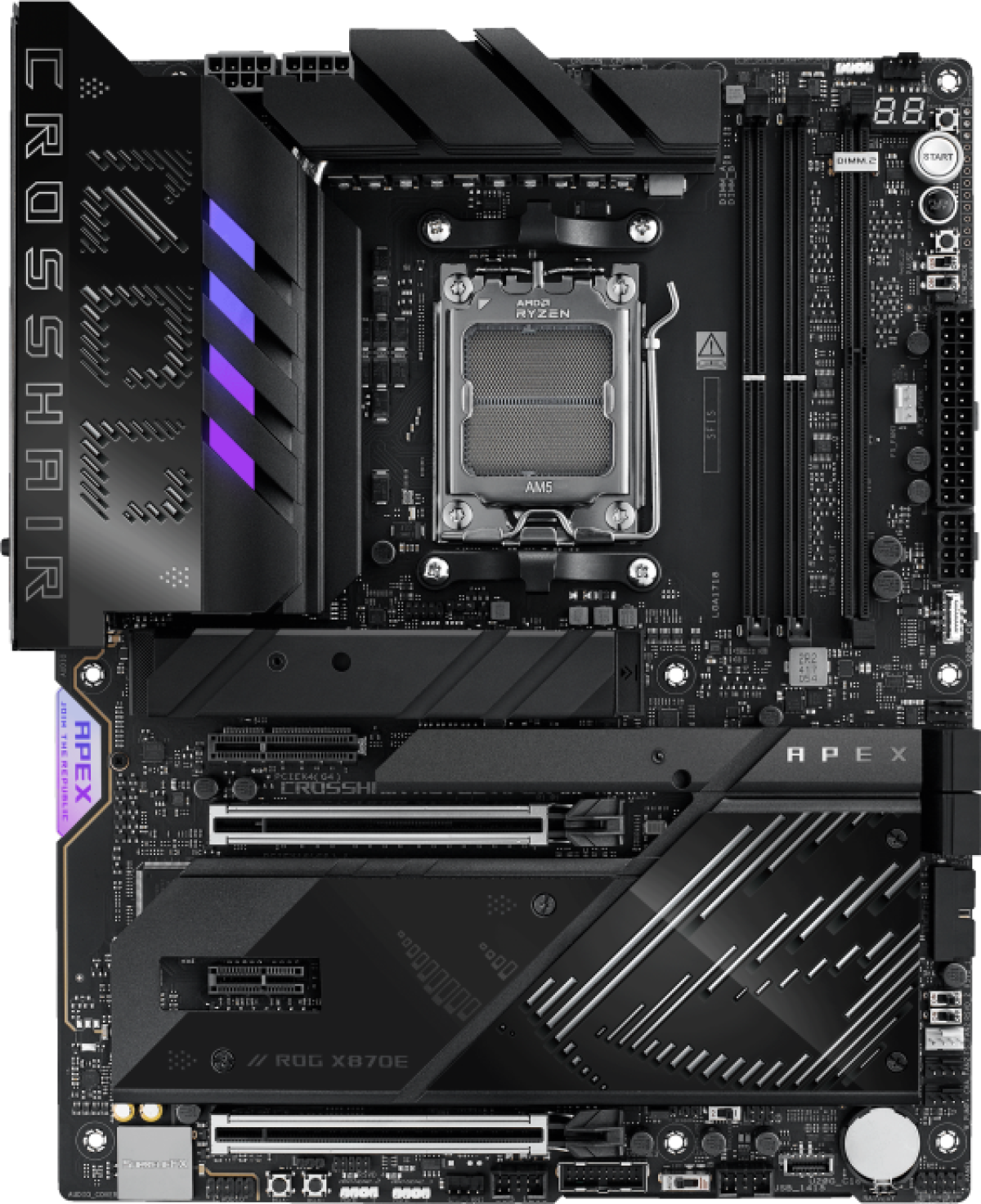 Дънна платка ASUS ROG CROSSHAIR X870E APEX - 2xDDR5 4xSATA3 RAID HDMI 5xM2 GLAN 2xPCIEx16 1xPCIEx1 WiFiна ниска цена с бърза доставка - BestPC.BG